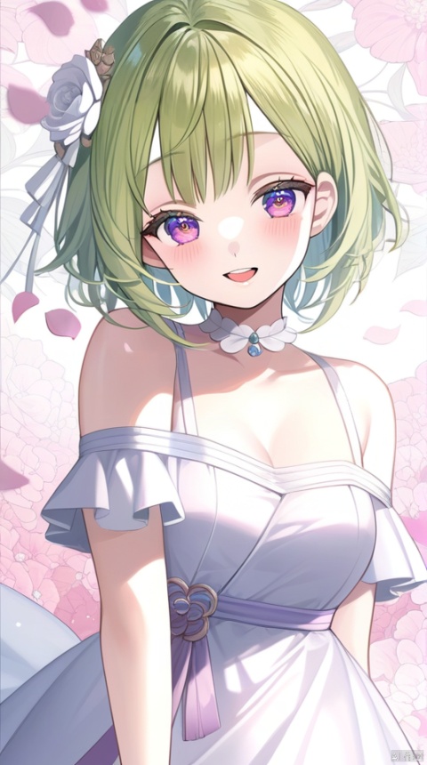  (best quality), ((masterpiece)), (highres), illustration, original, extremely detailed wallpaper.1girl, solo, flower, hair ornament, smile, hair flower, looking at viewer, blush, green hair, open mouth, white background, petals, purple eyes, bangs, dress, multicolored eyes, choker, bare shoulders, short hair