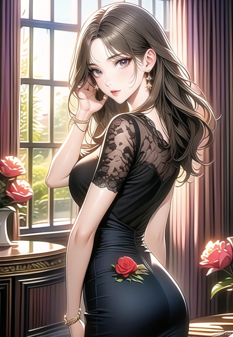 (best quality), ((masterpiece)), (highres), illustration, original, extremely detailed,1girl, solo, jewelry, candle, looking at viewer, long hair, bracelet, flower, earrings, indoors, skirt, petals, brown hair, short sleeves, rose, brown eyes, ass, shirt, looking back, hand in own hair, closed mouth, window, breasts, high-waist skirt, lips, bangs, table, parted bangs, red flower, watch, standing