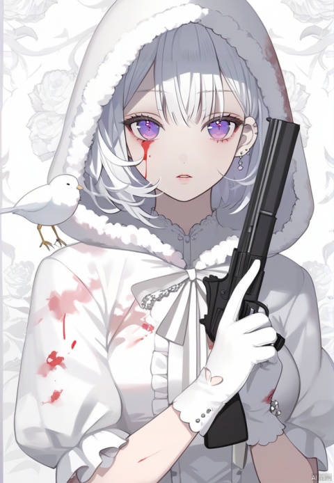  (best quality), ((masterpiece)), (highres), illustration, original, extremely detailed wallpaper.1girl, weapon, ring, gun, holding, gloves, holding weapon, jewelry, solo, white gloves, holding gun, white theme, hood, blood on face, blood, blood on clothes, white background, looking at viewer, bird, white hair, parted lips, dress, handgun, hood up, upper body, bow, bangs, simple background, puffy sleeves, earrings, purple eyes, white dress, fur-trimmed hood, white bow, animal on shoulder, short hair, ear piercing, grey bow