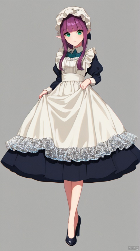 (best quality), ((masterpiece)), (highres), illustration, original, extremely detailed,solo, 1girl, dress, pointy ears, mob cap, apron, long sleeves, simple background, juliet sleeves, chromatic aberration, long hair, bangs, full body, puffy sleeves, white apron, standing, black dress, skirt hold, looking at viewer, maid, black footwear, signature, maid apron, hat, purple hair, grey background, blush, closed mouth, long dress, collared dress, green eyes, sidelocks