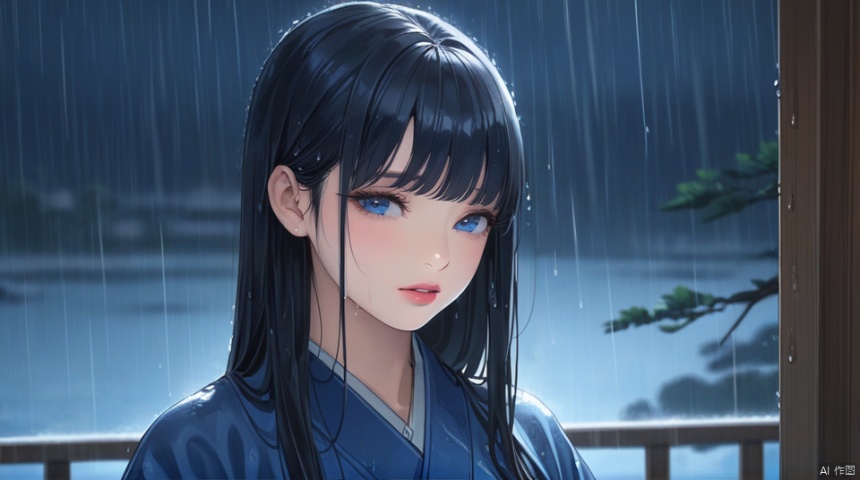  (best quality), ((masterpiece)), (highres), illustration, original, extremely detailed wallpaper.1girl, solo, rain, black hair, long hair, blue eyes, bangs, upper body, parted lips, wet hair, wet, japanese clothes, blurry, lips, half-closed eyes