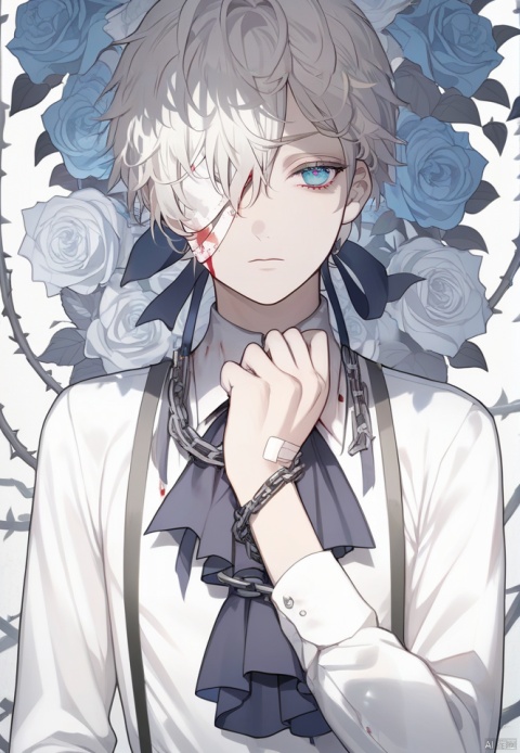  (best quality), ((masterpiece)), (highres), illustration, original, extremely detailed wallpaper.solo, 1boy, flower, thorns, male focus, chain, bandages, white hair, upper body, shirt, bandaid, rose, bandage over one eye, white shirt, white flower, suspenders, looking at viewer, blue eyes, ascot, vines, blood, long sleeves, white background, ribbon, closed mouth