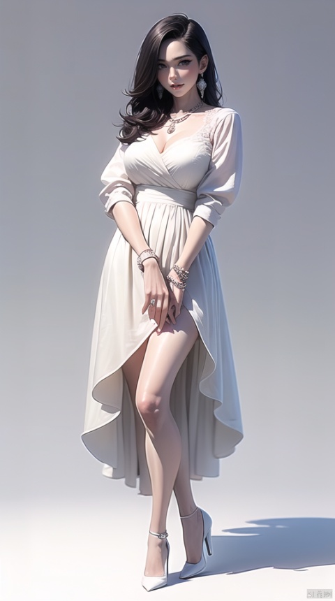 (best quality), ((masterpiece)), (highres), illustration, original, extremely detailed,bbj, 1girl, solo, black hair, breasts, jewelry, long hair, full body, white background, looking at viewer, simple background, cleavage, necklace, earrings, white footwear, short dress, closed mouth, standing, white dress, dress, own hands together, bracelet, collarbone, large breasts, black eyes, cuffs, skirt, high heels, mole, cross, forehead