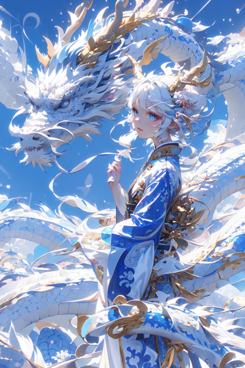  A girl, Chinese style, high quality,beautiful, smart, clear, streamers,there is a building behind the character, dignified, noble, elegant, white and bule as the main body color, Dragon and girl,pretty face, perfect body,high picture integrity,clear layers, gufeng, Chinese dragon, yue,hair ornament,hanfu,white dragon, bust,Blue and white porcelain color matching, eastern_dragon,Gold as an embellishment color