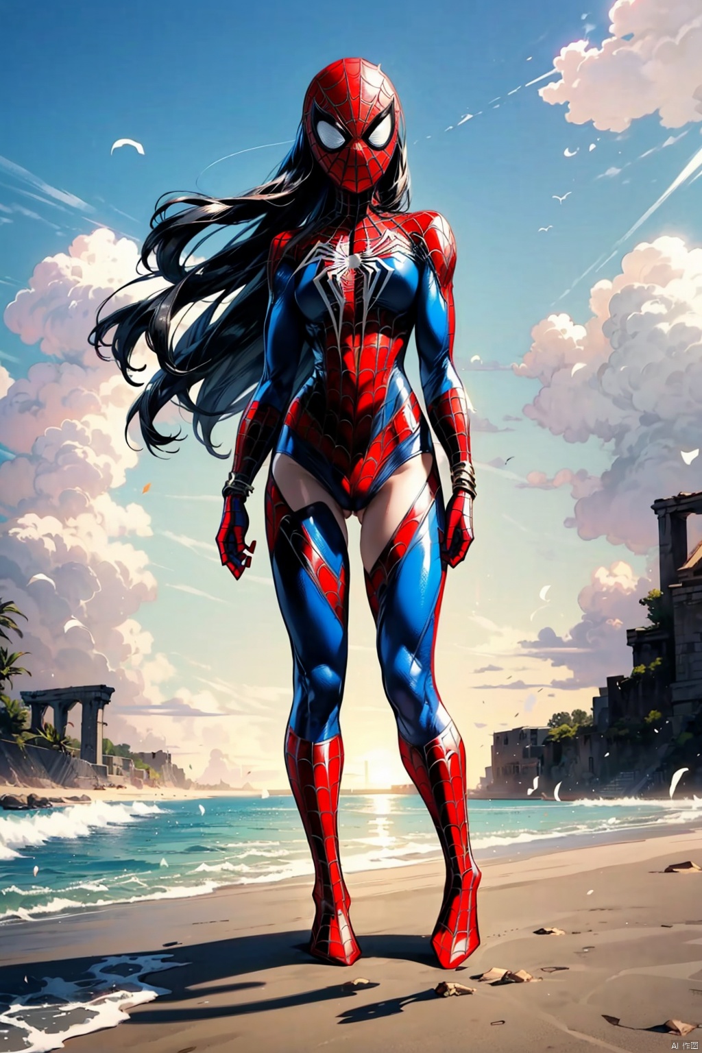  1girl,((Ancient Spider-Man warriors girl)),showing *****,naked *****, (Pubic hair),,long hair, solo,blown hair, naked legs,without pants,,naked foot,no pants, standing,spread legs,open *****, looking at viewer, outdoors,full body, , sky, showing naked *****, day, parted lips,beach