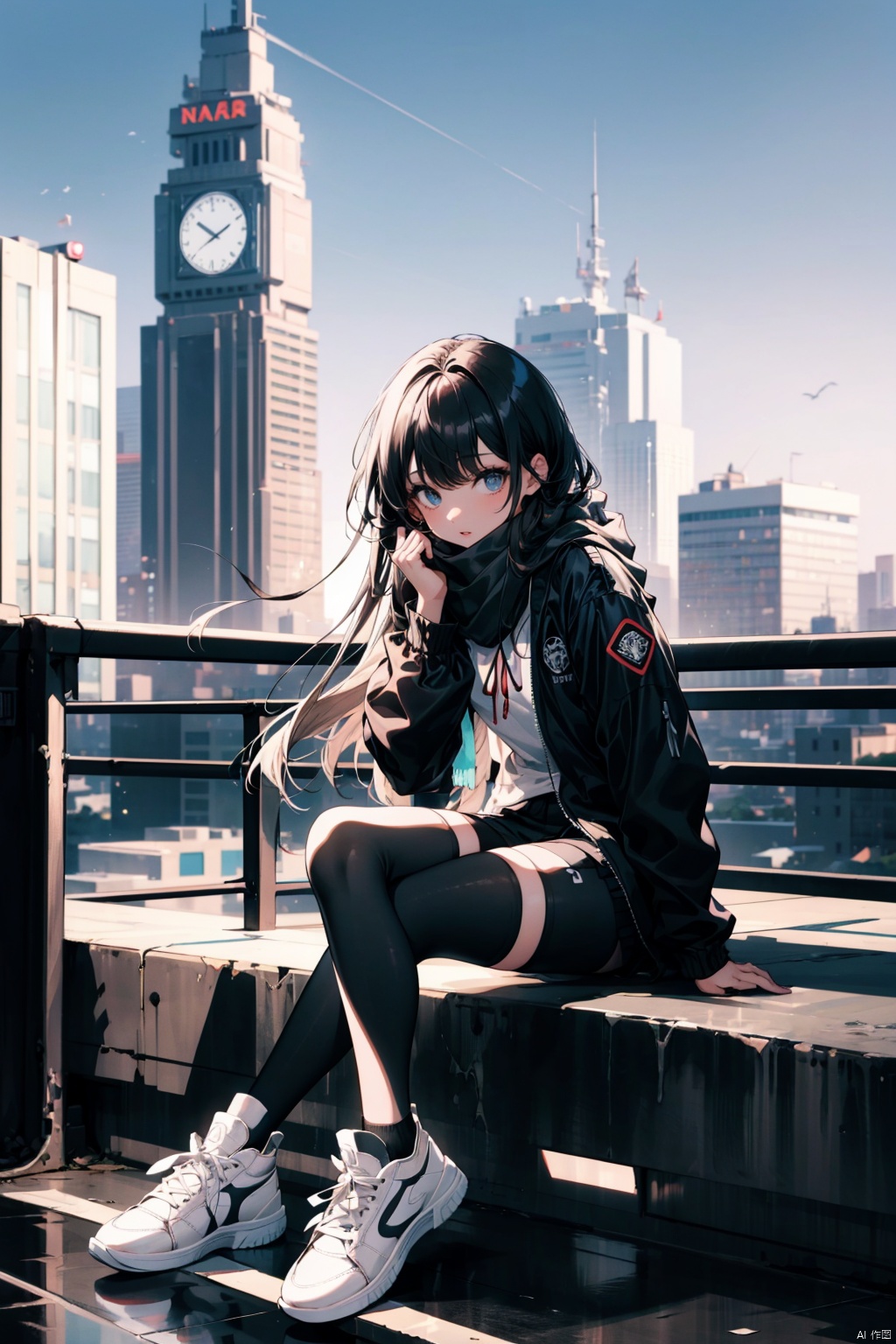  nai3, 1girl,showing *****,naked *****, long hair, thighhighs, solo, black hair, white thighhighs, shorts,sitting,  white footwear, shoes, black shorts, scarf, sneakers, jacket, looking at viewer, outdoors, bangs, long sleeves, shirt, open clothes, full body, short skirt,  black jacket, sky, showing naked *****, railing, ribbon, black shirt, day, open jacket, parted lips, white ribbon, building, cityscape, rooftop