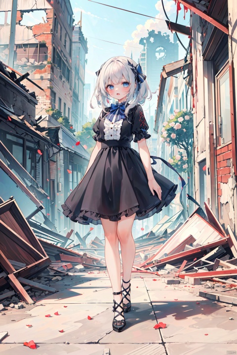  ((best quality)), ((masterpiece)), ((ultra-detailed)), (1girl:1.8),solo,((a beautiful girl):1.2),(((full body shot)))，((psychopathic)), ((mentally ill)), crazy，detailed background，flowers，ruins, collapsed buildings