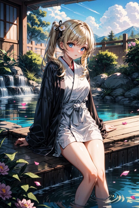  nsfw, ((1girl)), showing_pubic_hair, solo, medium_hair, looking_at_viewer, short_sleeves, (blue_eyes), washing, long_hair, parted_lips, flower, twin_tail, white_mix_yellow_hair, in_Japanese_Onsen, wide_sleeves, black_bathrobe, petals, outside_onsen, stuffed_pussy, black_flower, French_fashion, black_peony, doing_masturbate, Chinese_bathrobe, onsen, playing_pussy, vase, 
