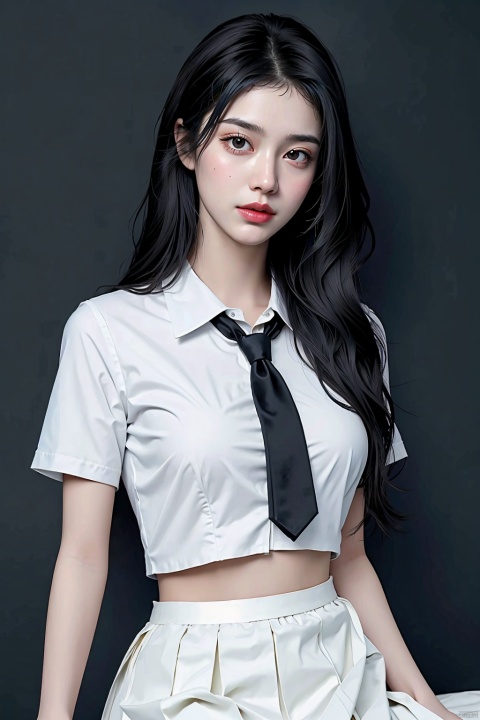 1girl, solo, long hair, looking at viewer, skirt, shirt, black hair, navel, school uniform, white shirt, short sleeves, pleated skirt, necktie, midriff, black skirt, arms up, head tilt, realistic, against wall，tie, bow, leaning on the wall, lying, lifting skirt, looking up, arms on head back
