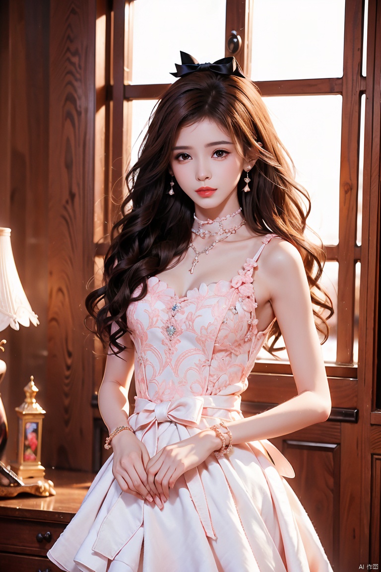 1girl, solo, long hair, looking at viewer, blush, bangs, brown hair, dress, bow, bare shoulders, brown eyes, jewelry, very long hair, standing, collarbone, hair bow, cowboy shot, frills, parted lips, sleeveless, choker, indoors, white dress, bracelet, bare arms, window, sleeveless dress, halterneck, chair, hair intakes, frilled dress, white bow, potted plant