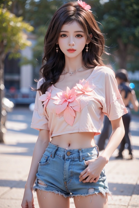 1girl, solo, breasts, looking at viewer, blush, short hair, bangs, brown hair, shirt, black hair, hair ornament, navel, medium breasts, green eyes, standing, collarbone, flower, short sleeves, thighs, cowboy shot, outdoors, parted lips, shorts, day, midriff, hair flower, stomach, crop top, torn clothes, short shorts, denim, white flower, pink flower, blue shorts, denim shorts, pink shirt, crop top overhang, cutoffs, torn shorts