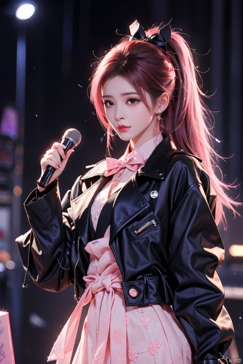 (masterpiece), (best quality), illustration, ultra detailed, hdr, Depth of field, (colorful),1girl, solo, eyepatch, virtual youtuber, looking at viewer, black shirt, white jacket, gloves, holding, microphone, black gloves, purple eyes, long sleeves, bow, skirt, multicolored hair, jacket, bangs, stuffed toy, stuffed bunny, plaid, plaid skirt, ahoge, shirt, heart, streaked hair, glowstick, stuffed animal, blush, pink hair, purple hair, bowtie, ponytail, parted lips, chain, stage, long hair, side ponytail, hair bow, belt, sidelocks, holding microphone, black belt, microphone stand, buttons, heart ahoge, hair ornament, medium hair, pink bow, cropped jacket