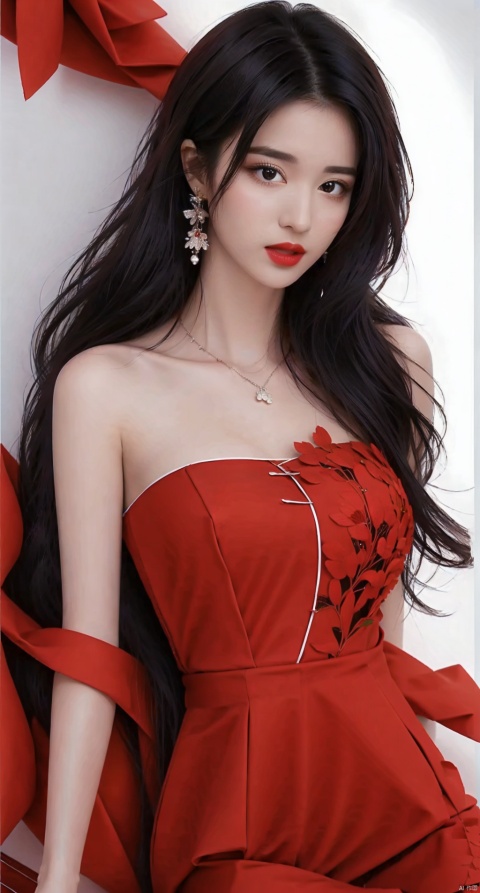 1girl, solo, long hair, breasts, looking at viewer, black hair, hair ornament, dress, , bare shoulders, jewelry, collarbone, flower, earrings, lying, hair flower, on back, lips, book, sleeveless dress, red dress, red flower, realistic, red lips, book stack