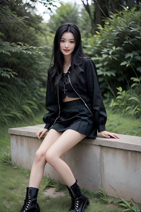 1girl, solo,  looking at viewer, blush, smile, short hair, open mouth, bangs, skirt, shirt, black hair, long sleeves, sitting, green eyes, collarbone, full body, flower, :d, pleated skirt, boots, outdoors, day, miniskirt, black skirt, black footwear, black shirt, plant, cross-laced footwear, lace-up boots, potted plant,,high heels,miniskirt