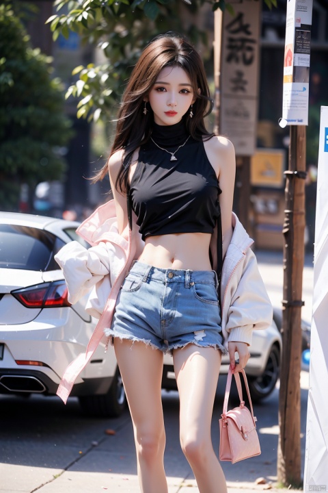 1girl, solo, long hair, breasts, looking at viewer, blush, bangs, shirt, black hair, long sleeves, navel, holding, bare shoulders, jewelry, medium breasts, standing, jacket, full body, thighs, outdoors, parted lips, open clothes, shoes, shorts, sleeveless, day, midriff, necklace, off shoulder, stomach, bag, black eyes, open jacket, crop top, torn clothes, black shirt, short shorts, bare legs, sleeveless shirt, turtleneck, white footwear, white jacket, denim, sneakers, blue shorts, denim shorts, handbag, holding bag, sleeveless turtleneck, cutoffs, torn shorts