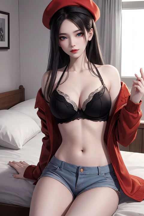 结果

1girl, solo, long hair, breasts, looking at viewer, blue eyes, large breasts, shirt, black hair, long sleeves, hat, navel, cleavage, medium breasts, sitting, underwear, jacket, heart, open clothes, shorts, indoors, off shoulder, stomach, bra, lips, short shorts, window, open shirt, bed, arm support, white shorts, white bra, red lips, korean text, phone screen