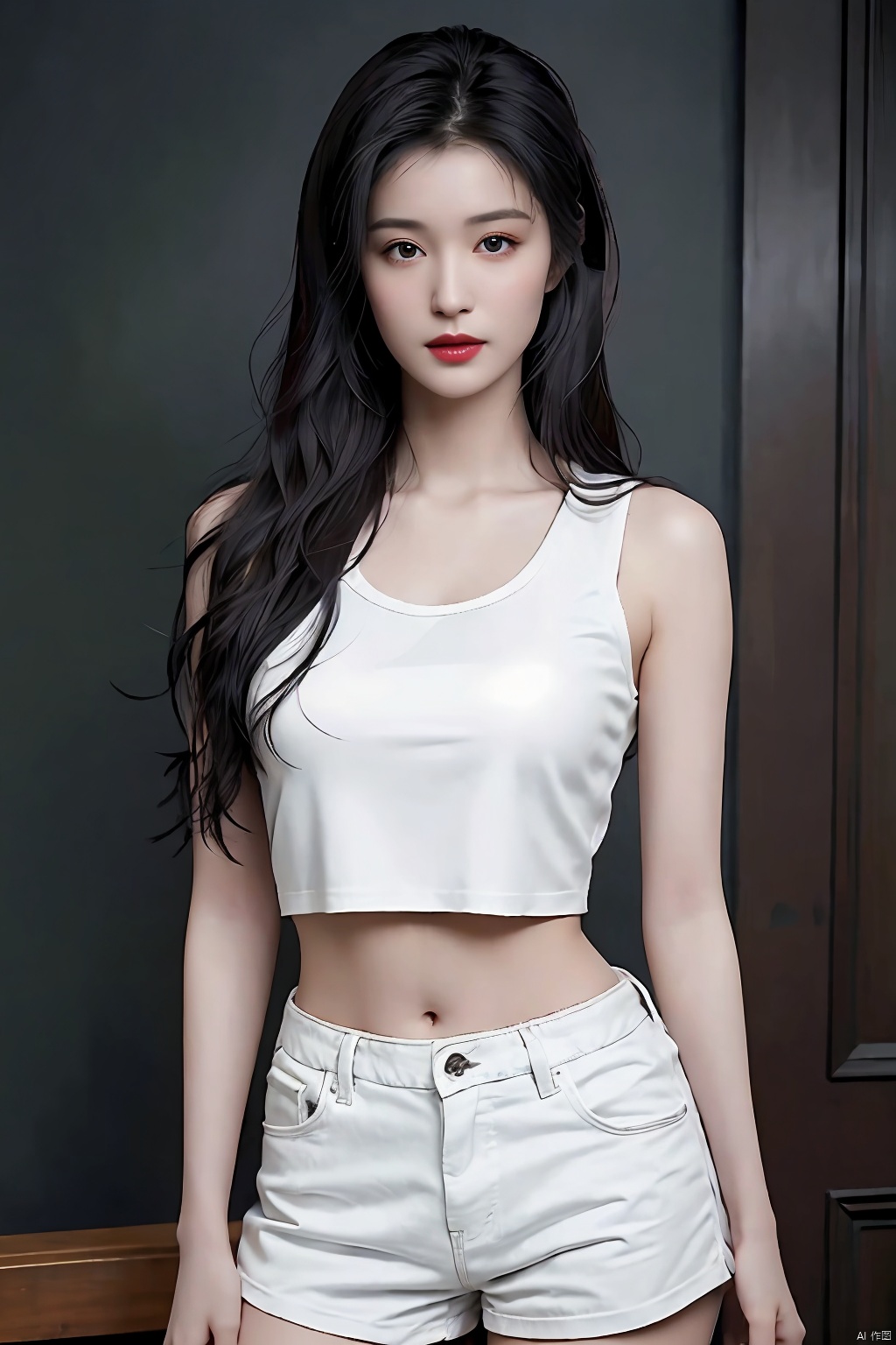 1girl, solo, long hair, breasts, looking at viewer, brown hair, black hair, navel, brown eyes, standing, cowboy shot, parted lips, shorts, midriff, indoors, lips, crop top, short shorts, arms behind back, **** top, contrapposto, white shorts, realistic, red lips, white **** top, gym
