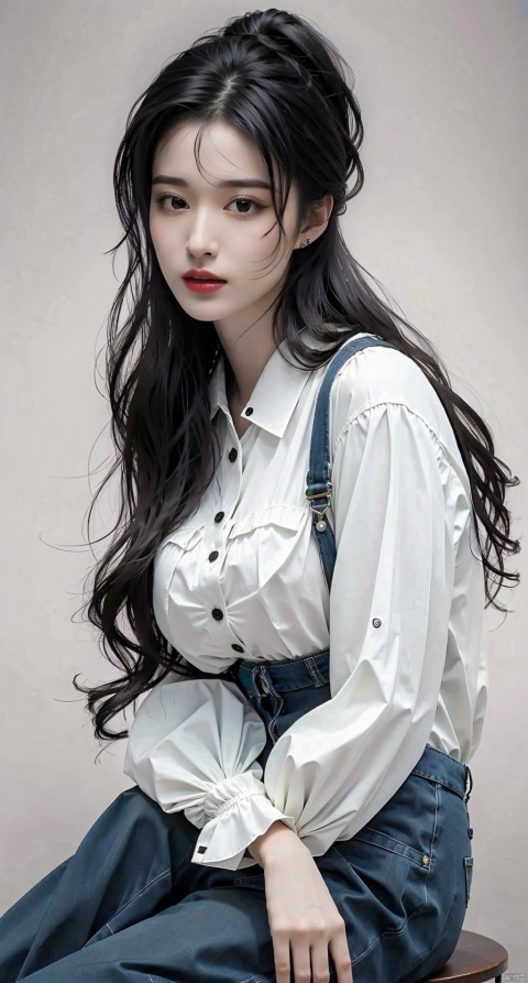 1girl, solo, long hair, looking at viewer, bangs, shirt, black hair, long sleeves, sitting, closed mouth, white shirt, ponytail, artist name, indoors, black eyes, lips, parted bangs, realistic, overalls, stool