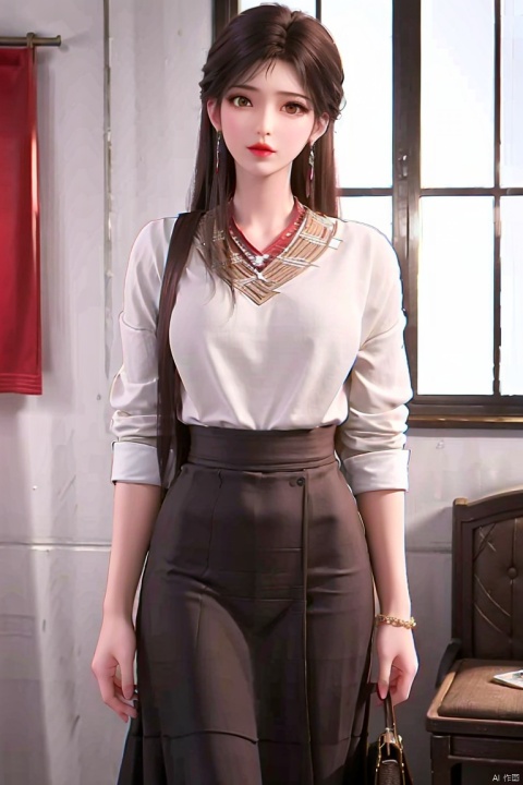 1girl, solo, long hair, looking at viewer, skirt, shirt, black hair, holding, brown eyes, jewelry, closed mouth, standing, earrings, artist name, indoors, necklace, bag, lips, blue shirt, handbag, realistic
