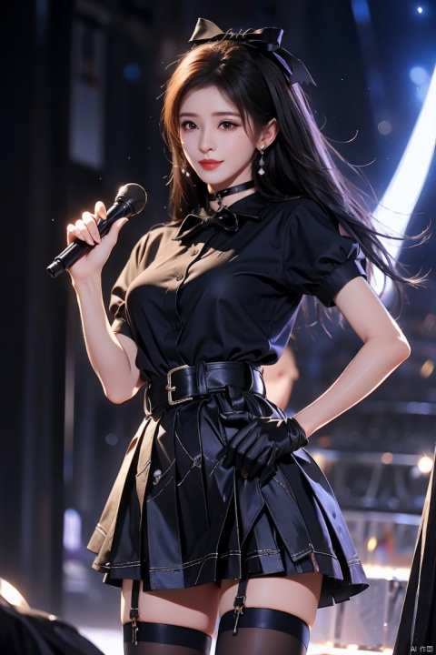  1girl, solo, long hair, breasts, looking at viewer, blush, smile, open mouth, bangs, skirt, shirt, black hair, thighhighs, gloves, bow, medium breasts, standing, purple eyes, short sleeves, :d, hair bow, thighs, cowboy shot, pleated skirt, hairband, frills, choker, black gloves, belt, black thighhighs, miniskirt, fingerless gloves, zettai ryouiki, plaid, black shirt, red skirt, plaid skirt, outstretched arm, fishnets, idol, fishnet thighhighs, stage