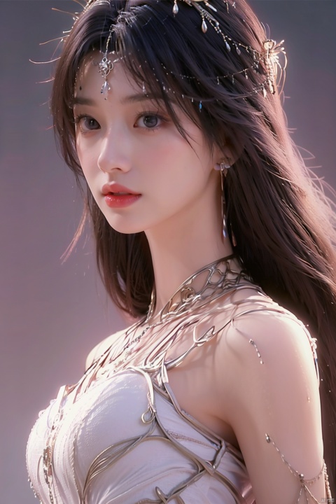 Best picture quality，detailed background, backlight, lens flare, movie angle, dynamic angle, high-quality, high detail, high resolution, masterpiece,1girl, solo, breasts, looking at viewer, bangs, black hair, hair ornament, dress, bare shoulders, jewelry, upper body, flower, earrings, sleeveless, hair flower, black eyes, lips, see-throug，HDR,8K