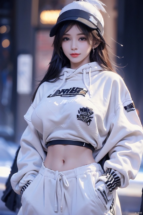 front, illustration, best quality, ultra-detailed, super detailed skin,cute, lovely, extremely detailed,8K,solo,1girl, detailed background,urban, night,dynamic angle,beautiful eyes,blash,smile,(streetwear:1.5),street style ,(emphasis splatter ),splatter,graffiti,spraycan,motion,navel,(croptop:0.8),(ear piercing:0.7),two-tone hair color,(cool),(HDR:1),wind ,(jitome:1.2),perfect hand,active,RETRO ART STYLE, NEON_POP ART STYLE, ART STYLE, hands behind back, yunqing, newspaper,(large breasts:1.5)