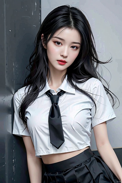  1girl, solo, long hair, looking at viewer, skirt, shirt, black hair, navel, school uniform, white shirt, short sleeves, pleated skirt, necktie, midriff, black skirt, arms up, head tilt, realistic, against wall，tie, bow, leaning on the wall, lying, lifting skirt, looking up, arms on head back