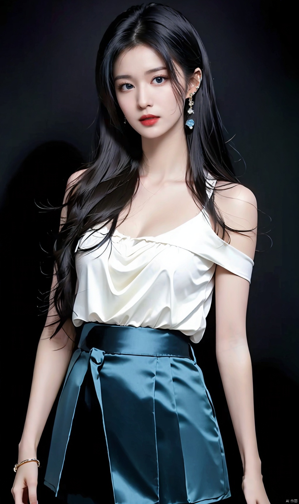 1 girl, one-on-one, long hair, looking at the audience, bangs, blue eyes, black hair, cleavage, bare shoulders, jewelry, closed mouth, blue hair, standing, collarbone, earrings, bare shoulders, ,Whole body,Super short sling skirt,See through
