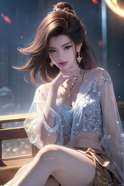 Ultra-Realistic 8K CG, Flawless Face, Flawless, Clean, Masterpiece, Professional Artwork, Famous Artwork, Movie Lighting, Movie Bloom, Perfect Face, Beautiful Face, Fantasy, Fantastical, Unreal, Science Fiction, Bare Legs, Skirt, Brown, Hair Accessory, Thin to Transparent, (Rich: 1.4), Intricate Details, Delicate Patterns, Charming, Seductive, Seductive, Erotic, Charming, Hair Accessories, Necklaces, Earrings, Bracelets, Armbands, Halo ((, 1 Girl, POV,))