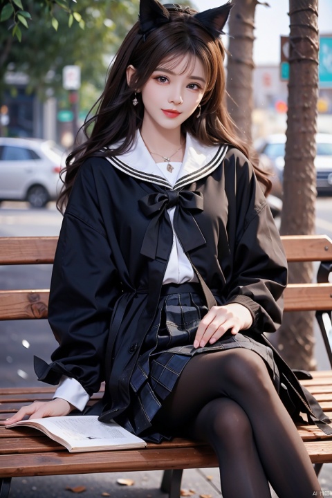 1girl, solo, long hair, looking at viewer, blush, smile, bangs, blue eyes, skirt, brown hair, shirt, red eyes, long sleeves, bow, holding, animal ears, hair between eyes, sitting, closed mouth, school uniform, jacket, tail, hair bow, pantyhose, pleated skirt, outdoors, frills, open clothes, serafuku, cat ears, sailor collar, bag, two side up, tree, cup, cat tail, animal ear fluff, plaid, black pantyhose, black bow, feet out of frame, heterochromia, animal, plaid skirt, cat, frilled skirt, cat girl, holding cup, puffy long sleeves, brown skirt, white sailor collar, brown pantyhose, brown jacket, bench, autumn leaves, brown shirt, disposable cup, autumn, brown bow, coffee cup, brown sailor collar, park bench, on bench, sitting on bench