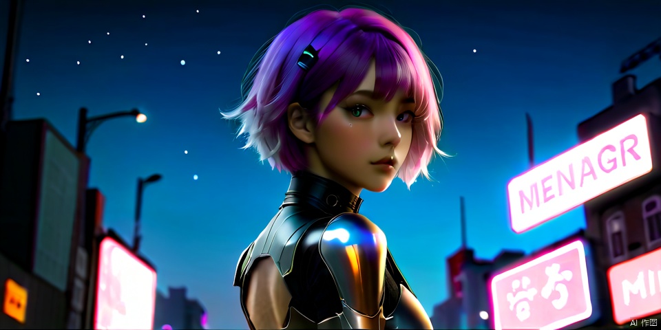  A 26-year-old woman with short hair in the middle of the pink, painted purple smoky makeup, wearing a white-silver steampunk armor, half-shot, short pink hair,
The middle view is a few black-clothed ninjas, the vista is the future city at night, the Milky Way and the blue aurora.
robot girl,