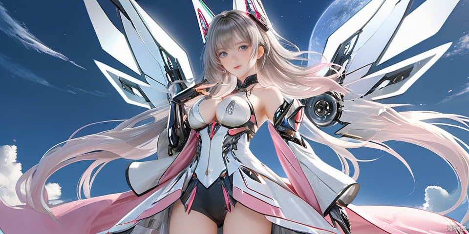 hands up,
With a pink translucent crystal in his hand,
 ((masterpiece)), ((best quality)), ((illustration)), extremely detailed,1 girl,mecha clothes,, big breasts,Dark white very_long_hair, scifi hair ornaments, beautiful detailed deep eyes, beautiful detailed sky, cinematic lighting, wind,Mechanical wings