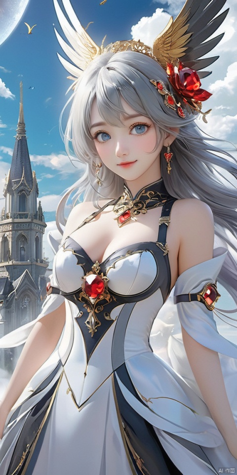  girl holding big rubies with hand,
(holding big rubies:1.35)
 ((masterpiece)), ((best quality)), ((illustration)), extremely detailed,1 girl,mecha clothes,, big breasts,(Dark white  hair)(very_long_wihte_hair:1.2), scifi hair ornaments,( beautiful detailed deep  bule eyes:1.2), beautiful detailed sky, cinematic lighting, wind,Mechanical wings,giggle smile,
the perspective is the crystal material Gothic temple floating in the white clouds, fuzzy birds, Bedtime Stories,
the perspective is the crystal material of the Gothic castle and tower floating in the white clouds, fuzzy birds