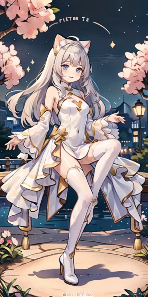  A white long hair cat ears blue eyes happy girl, wearing a white dress, pink pattern,
holding big multiple layers of cream cake in her hands,
girl, long hair, blue eyes, open mouth, smile, looking at viewer, bangs, full body, mecha musume,chinese dress, high heels, white hair, boots, bare shoulders, white dress, floating hair, high heel boots, fangao,天启