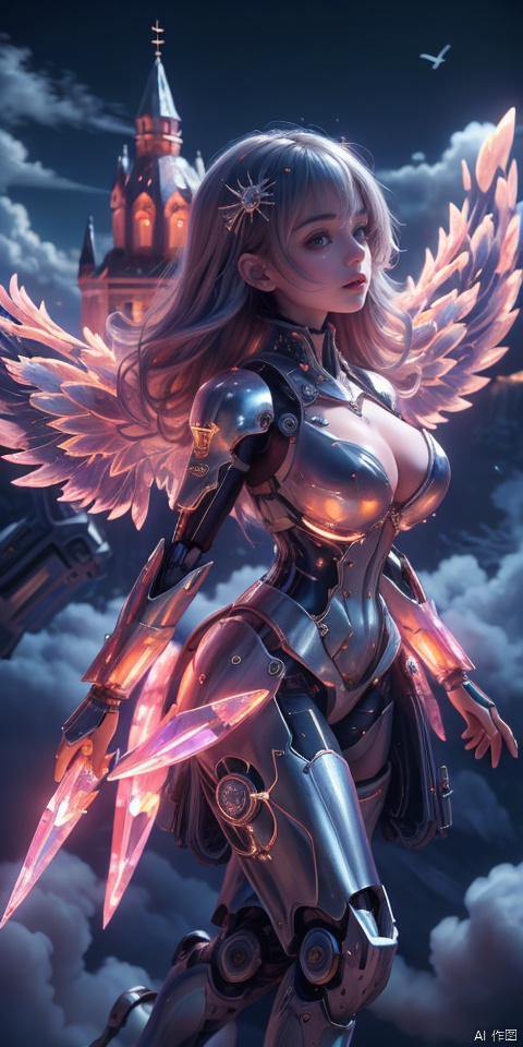  
((masterpiece)), ((best quality)), ((illustration)), extremely detailed,1 girl,mecha clothes,, big breasts,Dark white very_long_whit_hair, scifi hair ornaments, (beautiful detailed blue deep eyes:1.2), beautiful detailed sky, cinematic lighting, wind,Mechanical wings, purdress, transparent , ral-opal , colorful,
the perspective is the crystal material of the Gothic castle and tower floating in the white clouds, fuzzy birds,
crystals in the air ,diamonds and rubies in the air,