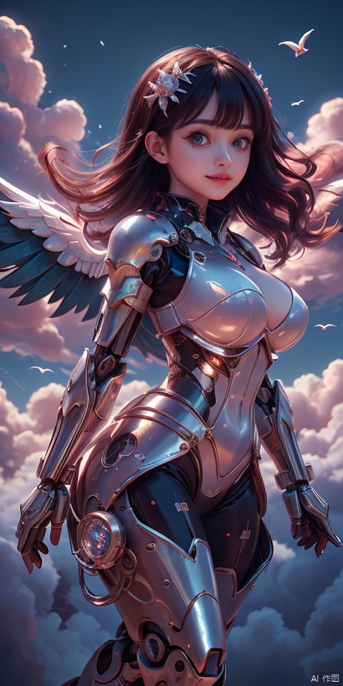   girl holding big cream cake with hand,
((masterpiece)), ((best quality)), ((illustration)), extremely detailed,1 girl,mecha clothes,, big breasts,Dark white very_long_whit_hair, scifi hair ornaments, (beautiful detailed blue deep eyes:1.2), beautiful detailed sky, cinematic lighting, wind,Mechanical wings, purdress, transparent , ral-opal , colorful,b cup, cute smile
the perspective is the crystal material of the Gothic castle and tower floating in the white clouds, fuzzy birds,
crystals in the air ,diamonds and rubies in the air, 1girl