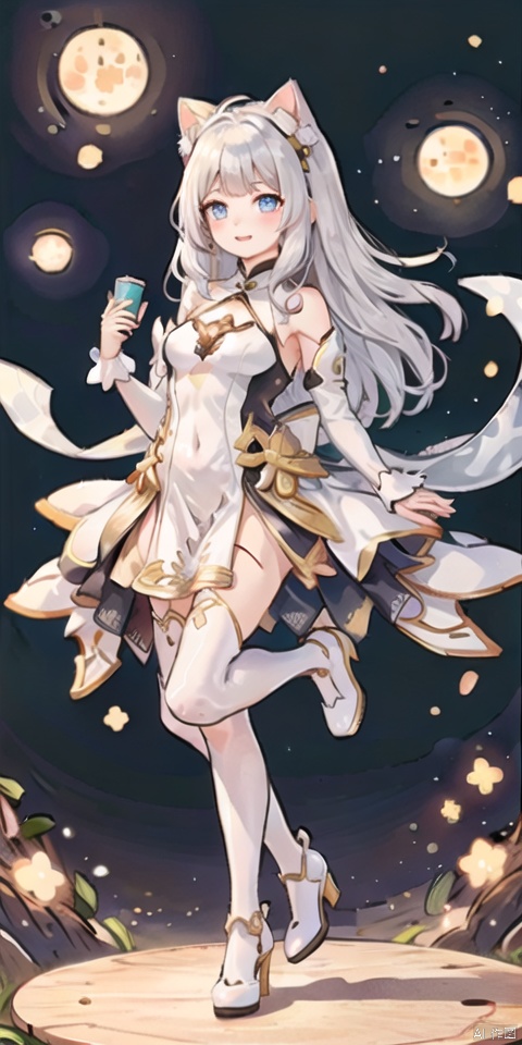  A white long hair cat ears blue eyes happy girl, wearing a white dress, pink pattern,
holding multiple layers of cream cake in her hands,
girl, long hair, blue eyes, open mouth, smile, looking at viewer, bangs, full body, mecha musume,chinese dress, high heels, white hair, boots, bare shoulders, white dress, floating hair, high heel boots, fangao,天启