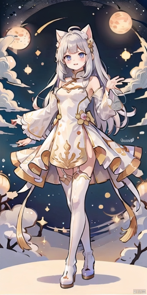  A white long hair cat ears blue eyes happy girl, wearing a white dress, pink pattern,
holding big multiple layers of cream cake in her hands,
girl, long hair, blue eyes, open mouth, smile, looking at viewer, bangs, full body, mecha musume,chinese dress, high heels, white hair, boots, bare shoulders, white dress, floating hair, high heel boots, fangao,天启