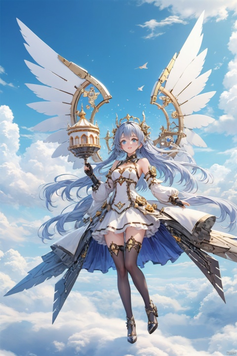   girl holding big cream cake with hand,
((masterpiece)), ((best quality)), ((illustration)), extremely detailed,1 girl,mecha clothes,, big breasts,Dark white very_long_whit_hair, scifi hair ornaments, (beautiful detailed blue deep eyes:1.2), beautiful detailed sky, cinematic lighting, wind,Mechanical wings, purdress, transparent , ral-opal , colorful,b cup, cute smile
the perspective is the crystal material of the Gothic castle and tower floating in the white clouds, fuzzy birds,
crystals in the air ,diamonds and rubies in the air, 1girl, xiangling