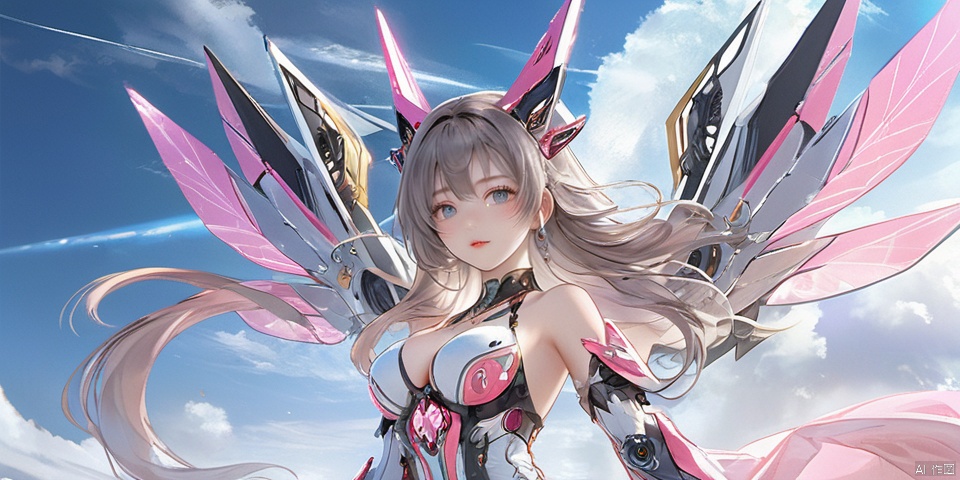 hands up,
With a pink translucent crystal in his hand,
 ((masterpiece)), ((best quality)), ((illustration)), extremely detailed,1 girl,mecha clothes,, big breasts,Dark white very_long_hair, scifi hair ornaments, beautiful detailed deep eyes, beautiful detailed sky, cinematic lighting, wind,Mechanical wings