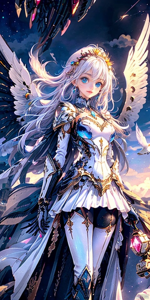 girl holding big cream cake with hand, 
wide_shot, long  white hair, 
((masterpiece)), ((best quality)), ((illustration)), extremely detailed,1 girl,  white pink  clothes,,white very_long_whit_hair, scifi hair ornaments, (beautiful detailed blue deep eyes:1.2), beautiful detailed  galaxy sky, cinematic lighting, wind,(Mechanical wings:1.25), purdress, transparent , ral-opal , colorful,a cup Chest, cute smile the perspective is the crystal material of the Gothic castle and tower floating in the white clouds, fuzzy birds, crystals in the air ,diamonds and rubies in the air, 1girl, 
