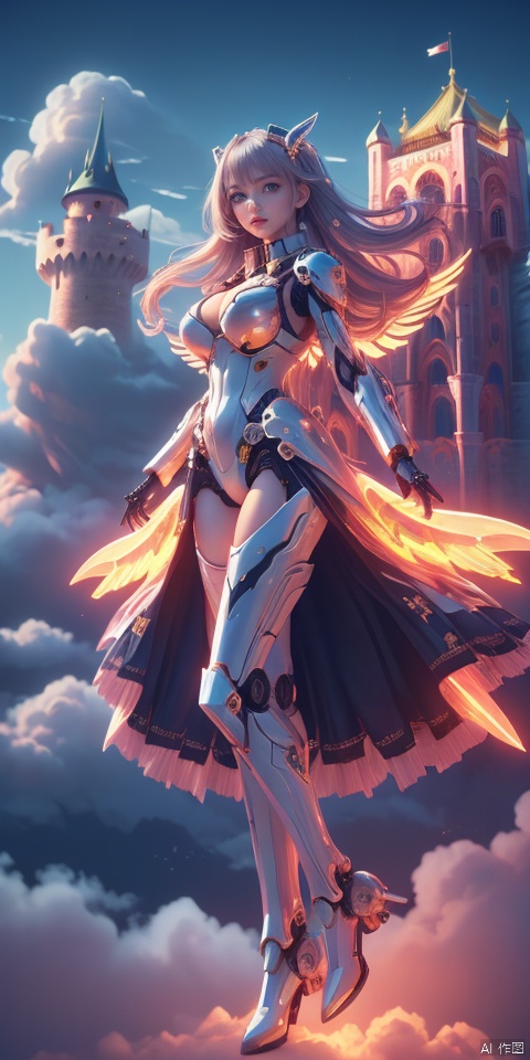  Behind the golden  castle and towers floating in the white clouds
((masterpiece)), ((best quality)), ((illustration)), extremely detailed,1 girl,mecha clothes,, big breasts,Dark white very_long_whit_hair, scifi hair ornaments, (beautiful detailed blue deep eyes:1.2), beautiful detailed sky, cinematic lighting, wind,Mechanical wings, purdress, transparent , ral-opal , colorful