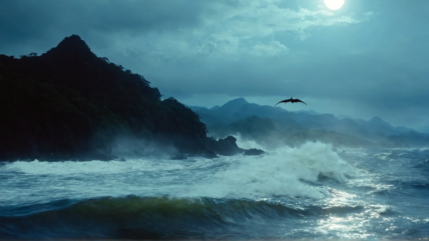 with a faint pterodactyl flight in the background and a tsunami in the background,DARK NIGHT , film, movie, BOSSTYLE