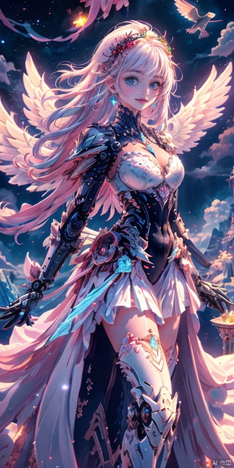girl holding big cream cake with hand, 
wide_shot, long  white hair, 
((masterpiece)), ((best quality)), ((illustration)), extremely detailed,1 girl,  white pink  clothes,,white very_long_whit_hair, scifi hair ornaments, (beautiful detailed blue deep eyes:1.2), beautiful detailed  galaxy sky, cinematic lighting, wind,(Mechanical wings:1.25), purdress, transparent , ral-opal , colorful,a cup Chest, cute smile the perspective is the crystal material of the Gothic castle and tower floating in the white clouds, fuzzy birds, crystals in the air ,diamonds and rubies in the air, 1girl, 
