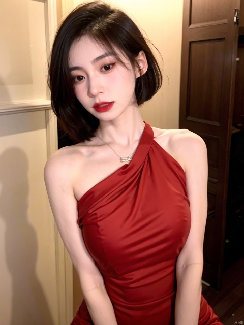  1, 1girl, long hair, brown hair, solo, dress, brown eyes, looking at viewer, holding, red dress, parted lips, bare shoulders, indoors, lips, upper body, sleeveless, ((poakl))