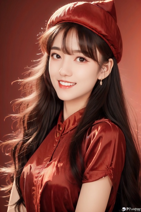  masterpiece, best quality, 1girl, red background, black hair, Long curly hair, face front, ((red fashion silk lone costume with red swirling vortexes pattern)), ((Red Plush Fur Hat)), emotional face, (close up portrait), make up, studio light, studio, ((poakl)), poakl ggll girl,laughing, Light master,yuzu