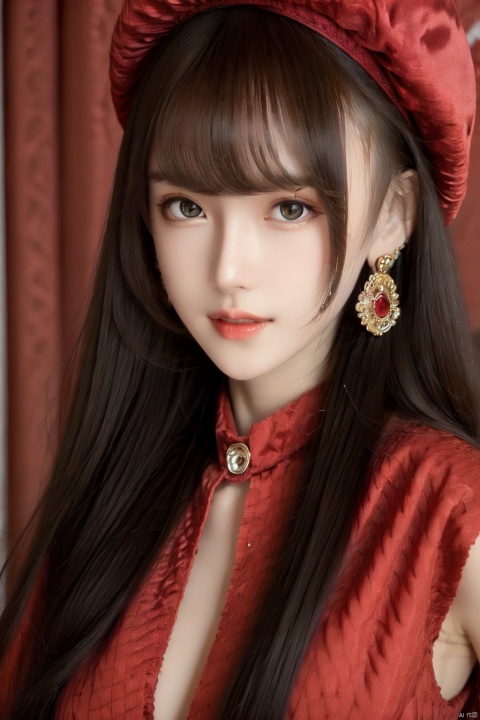  masterpiece, best quality, 1girl, red background, black hair, Long curly hair, face front, ((red fashion silk lone costume with red swirling vortexes pattern)), ((Red Plush Fur Hat)), emotional face, (close up portrait), make up, studio light, studio, ((poakl)), poakl ggll girl,laughing, Light master,yuzu