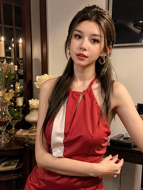  1, 1girl, long hair, brown hair, solo, dress, brown eyes, looking at viewer, holding, red dress, parted lips, bare shoulders, indoors, lips, upper body, sleeveless, ((poakl))