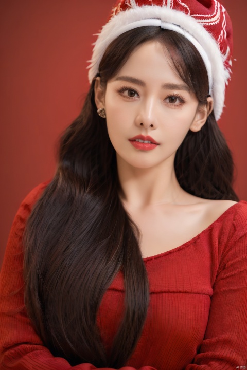  masterpiece, best quality, 1girl, red background, black hair, Long curly hair, face front, ((red fashion silk lone costume with red swirling vortexes pattern)), ((Red Plush Fur Hat)), emotional face, (close up portrait), make up, studio light, studio, ((poakl)), poakl ggll girl