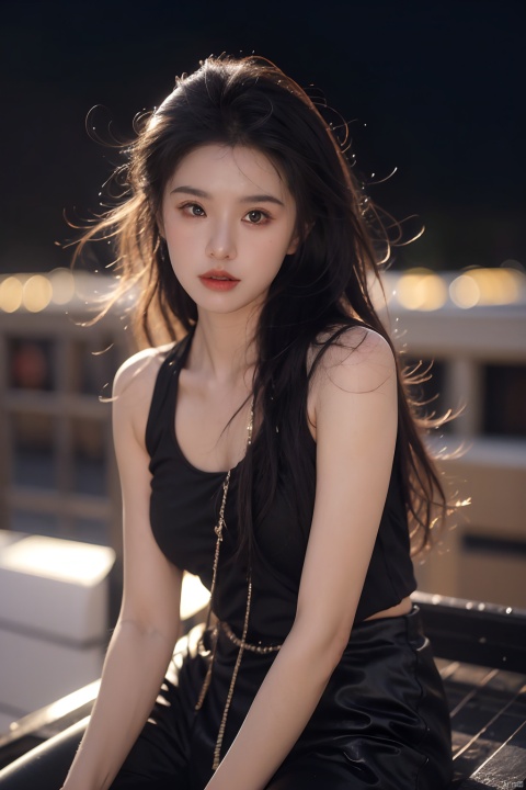  NSFW,Frontal photography,Look front,evening,dark clouds,the setting sun,On the city rooftop,A 20 year old female,Black top,Black Leggings,black hair,long hair, dark theme, muted tones, pastel colors, high contrast, (natural skin texture, A dim light, high clarity) ((sky background))((Facial highlights)), Light master, 1girl